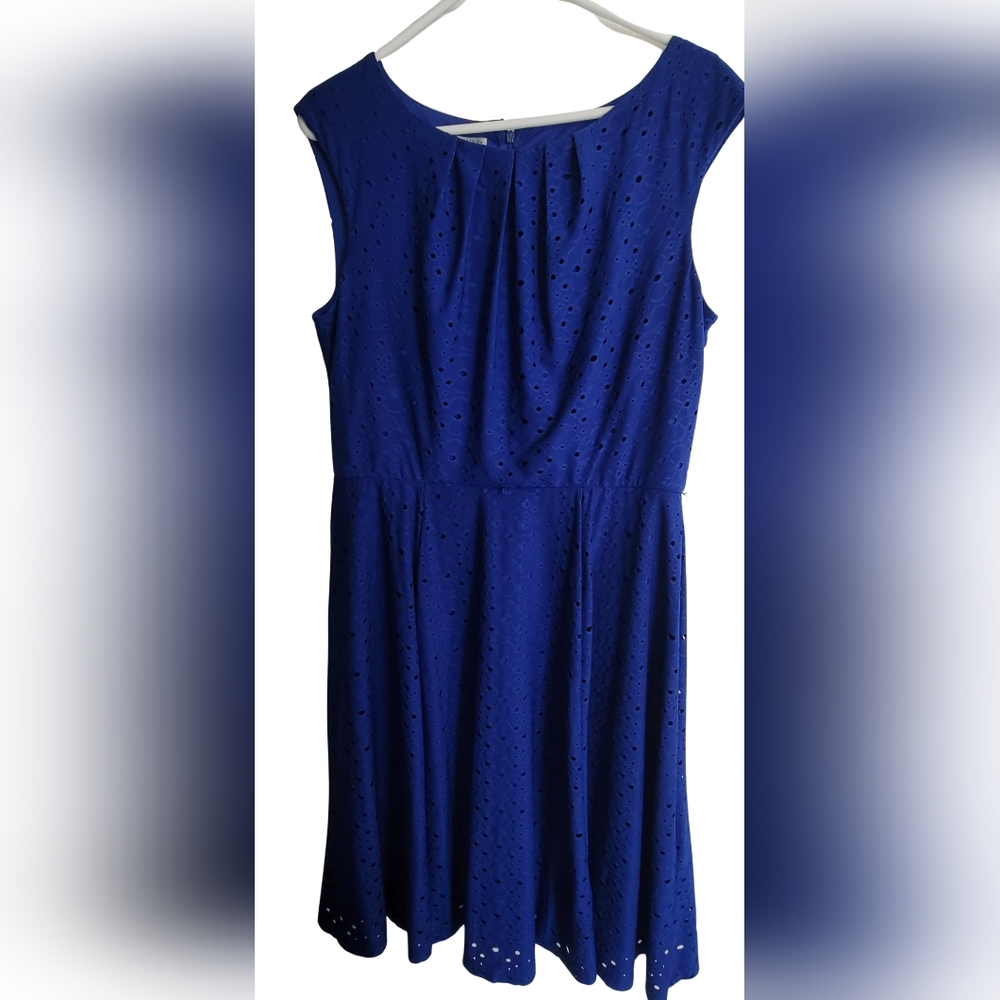 London Style Royal Blue Eyelet Fit And Flare Sleeveless Dress, Size 14